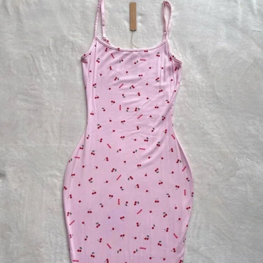 Skims Soft Lounge Long Slip Dress With Cherry Blossom Printt